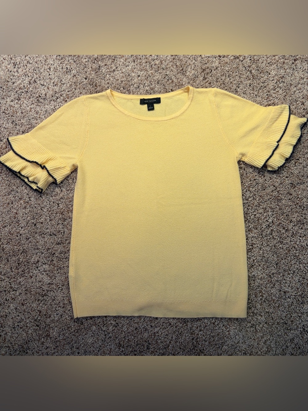 Ann Taylor Pale Yellow Short Ruffled Sleeve Crew Neck Sweater